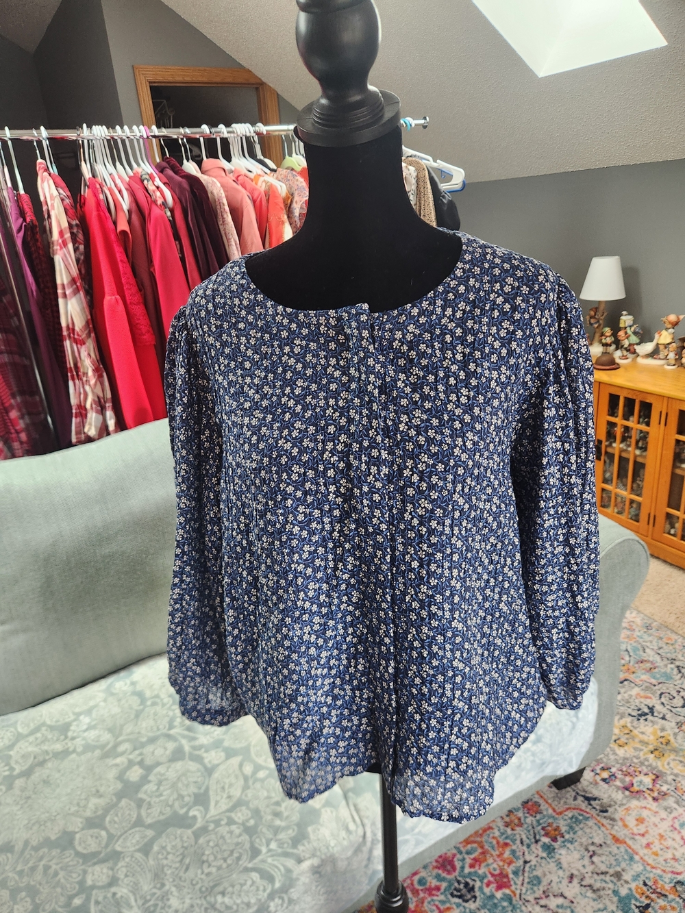 Loft Navy Ditzy Floral Button-front Blouse Dramatic Balloon Sleeves Large